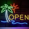 Open Neon Sign With Palm Tree