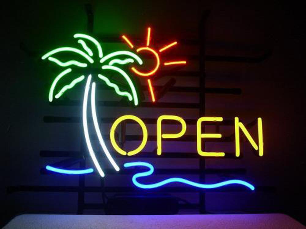 Open Neon Sign With Palm Tree