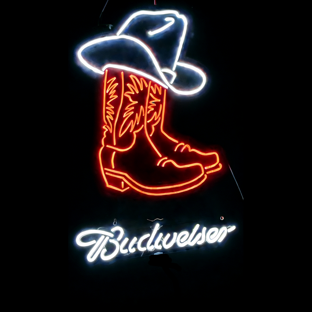 Budweiser White Red Cowboy Boots Rodeo Hat Neon Sign